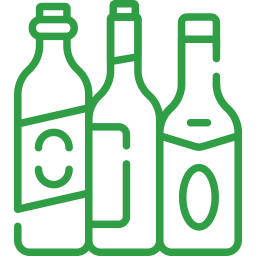 Glass bottles — all colors (water, juice, sauce, condiments)